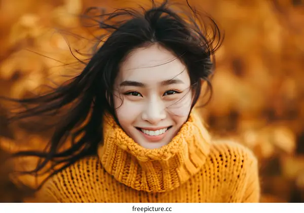 Smiling Asian Woman in Yellow Sweater with Autumn Leaves Background