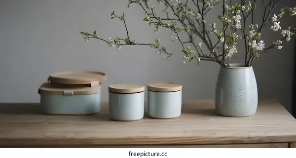 Blue Ceramic Storage Containers With Wooden Lids And White Flower Branch
