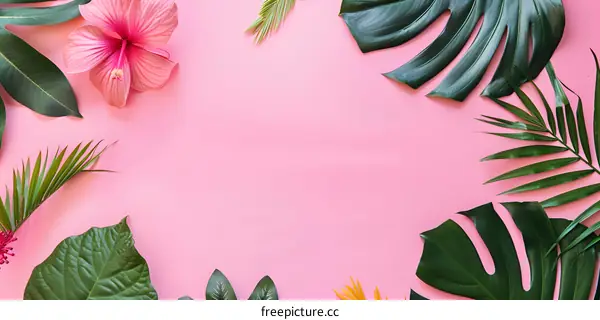 Tropical Leaf and Flower Arrangement on Pink Background