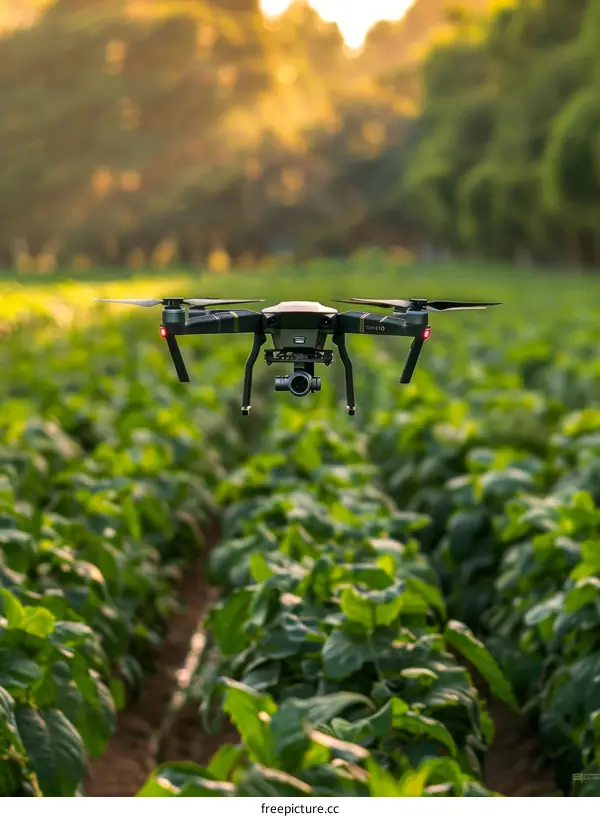 Drone Flying Over Lush Green Crop Field