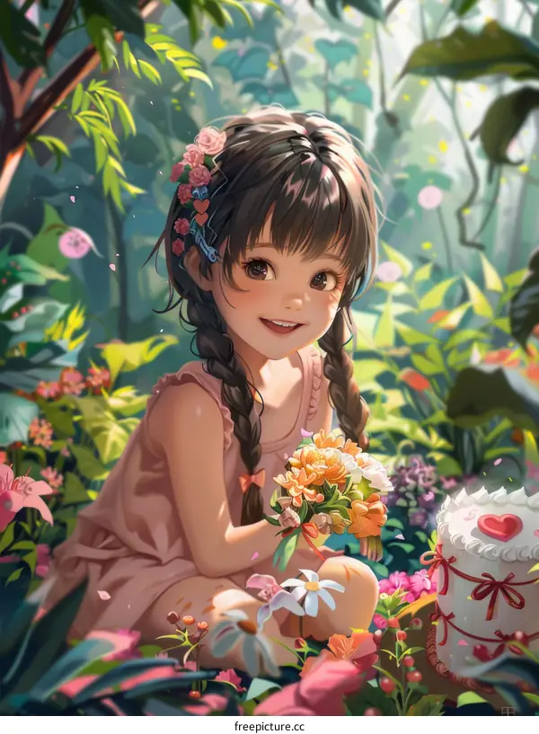 Little Girl Kneeling in a Garden of Flowers