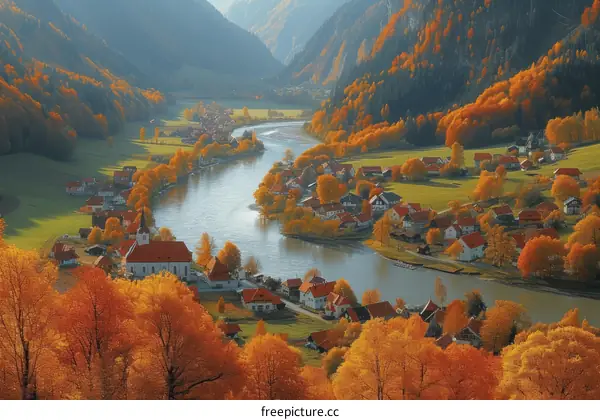 Small riverside valley town in the fall season