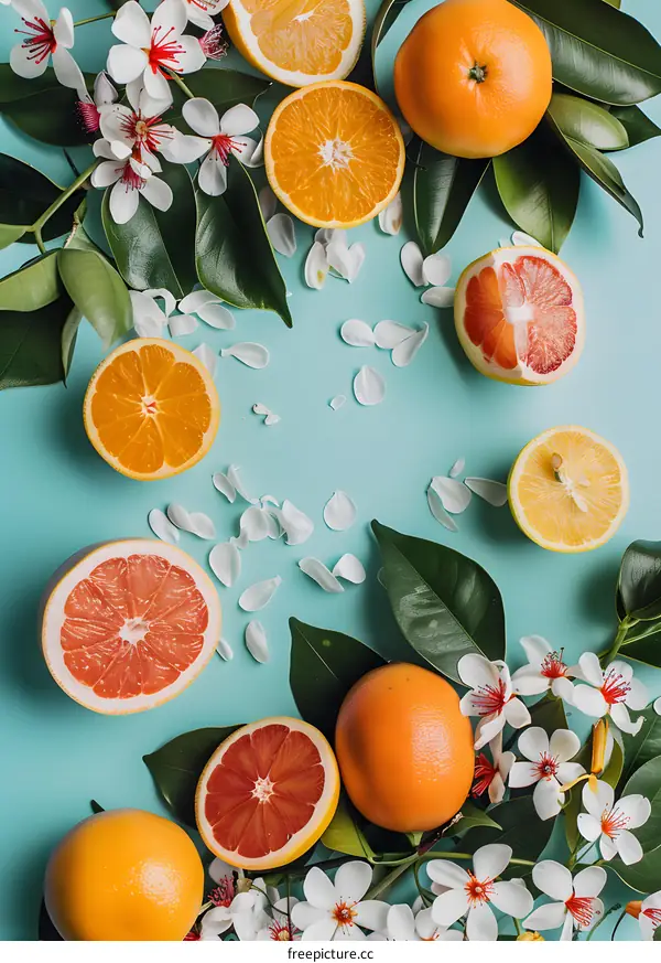 Citrus Fruits with White Flowers and Green Leaves on a Blue Background