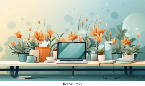 A desk with a laptop, books, and flowers