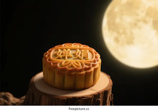 Mooncake with Chinese characters on it under a full moon
