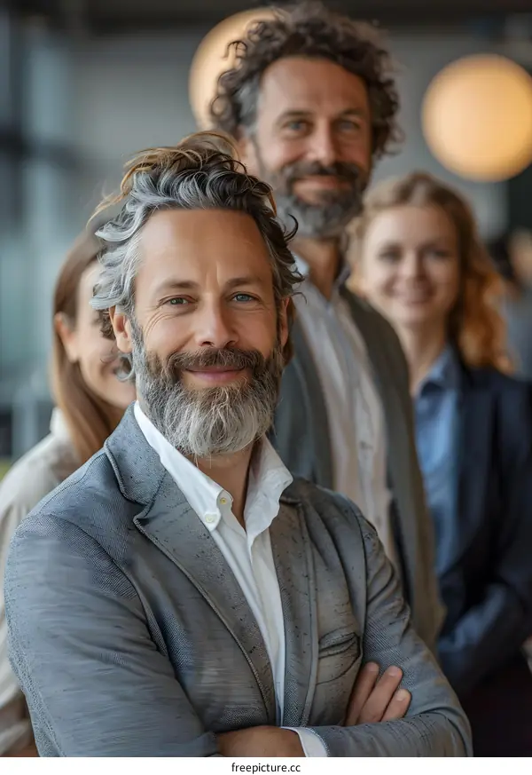 portrait of a smiling professional man with beard in a suit with colleagues in the background