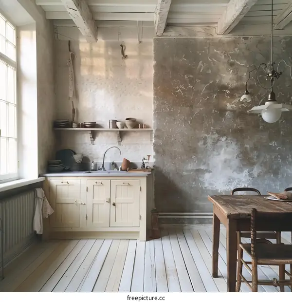 A Simple Kitchen with a Large Sink and a Wooden Table