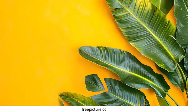 Green Tropical Leaves On Yellow Background