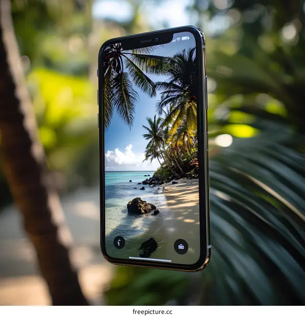 Smartphone Displaying Tropical Beach Scene
