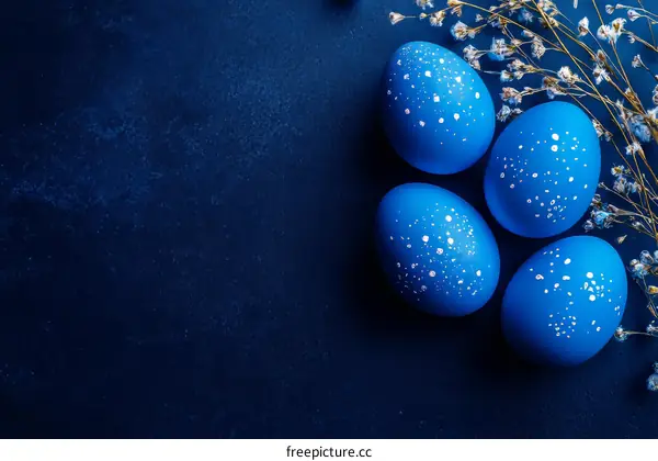 Four Decorated Blue Easter Eggs on Dark Background
