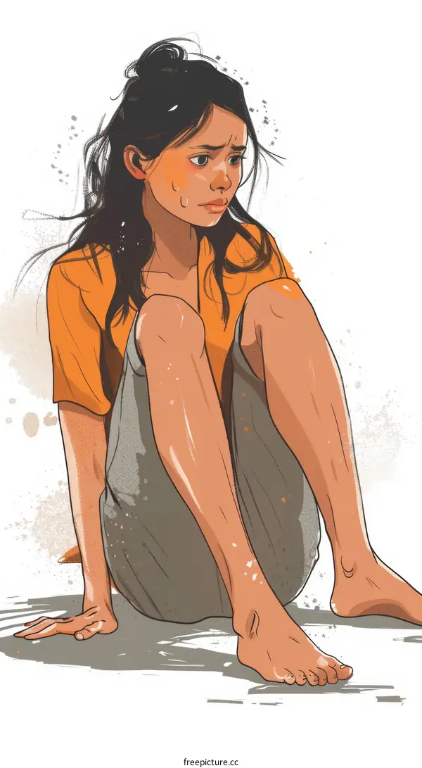 Illustration of a girl sitting on the ground looking sad