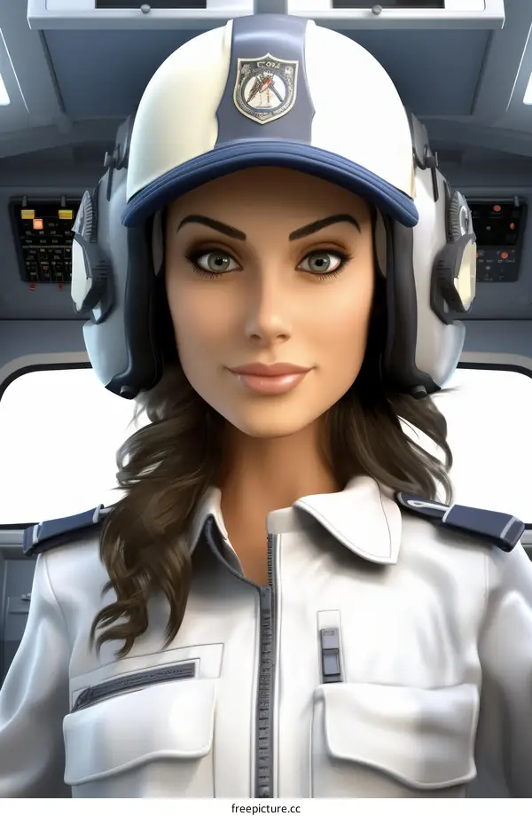 A beautiful female pilot in her 30s with long brown hair and green eyes is sitting in the cockpit of a helicopter and looking at the camera.