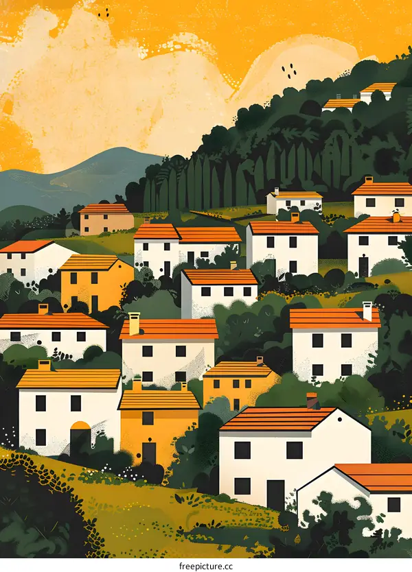 Hillside Village Illustration with Orange Roofs