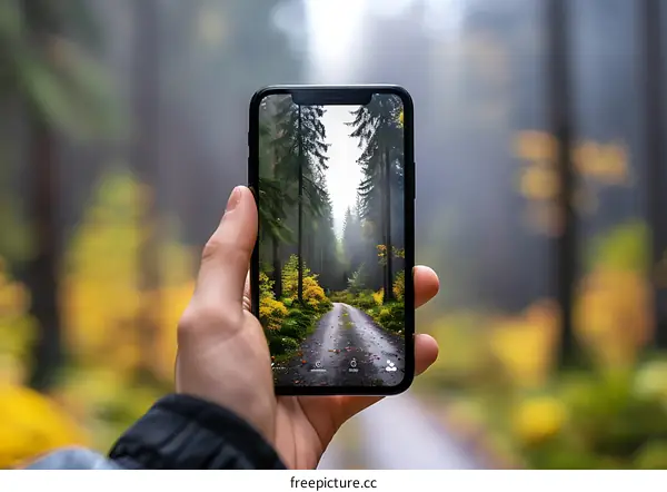 Hand Holding Smartphone with Forest Path Photo