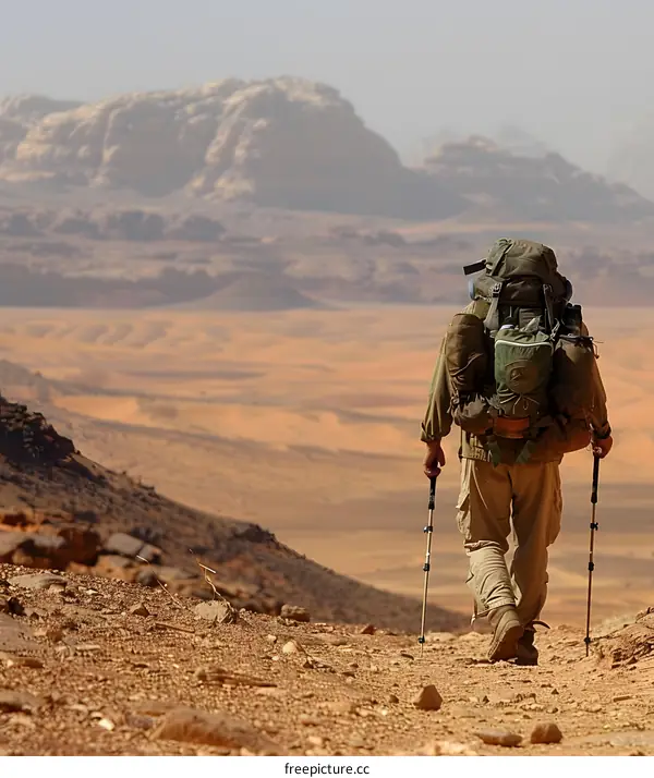 Man hiking alone in the desert with backpack