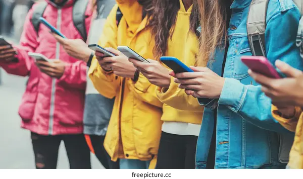 Diverse group of young people using smartphones