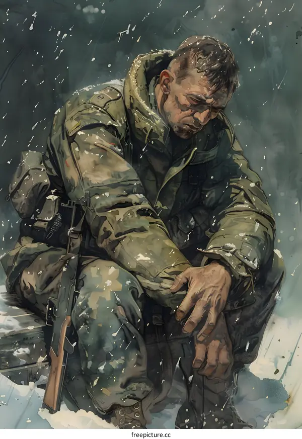 A soldier sits on a box in the snow