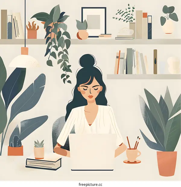 Woman Working From Home With Plants And Books