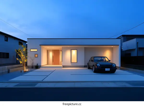 Modern Minimalist House Exterior With Car at Night
