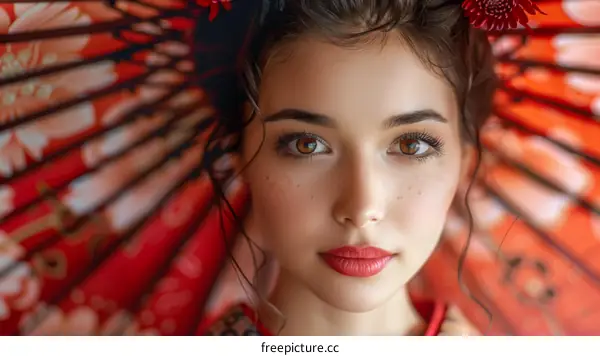 portrait of a beautiful woman in a red kimono holding a red umbrella