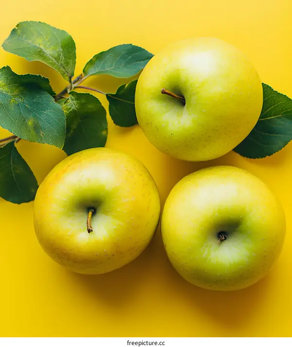 Three Yellow Apples on Yellow Background