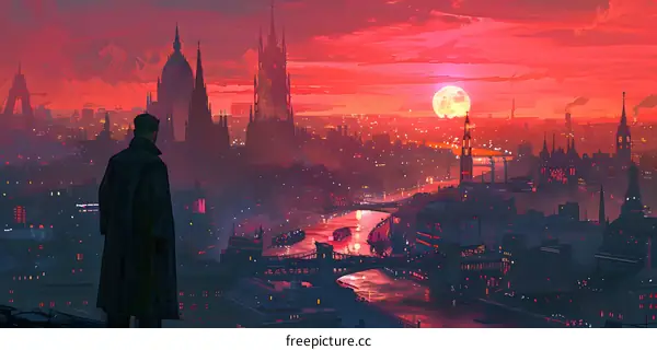 Silhouette of a Man Standing on a Rooftop Overlooking a Cityscape with a Red Sky