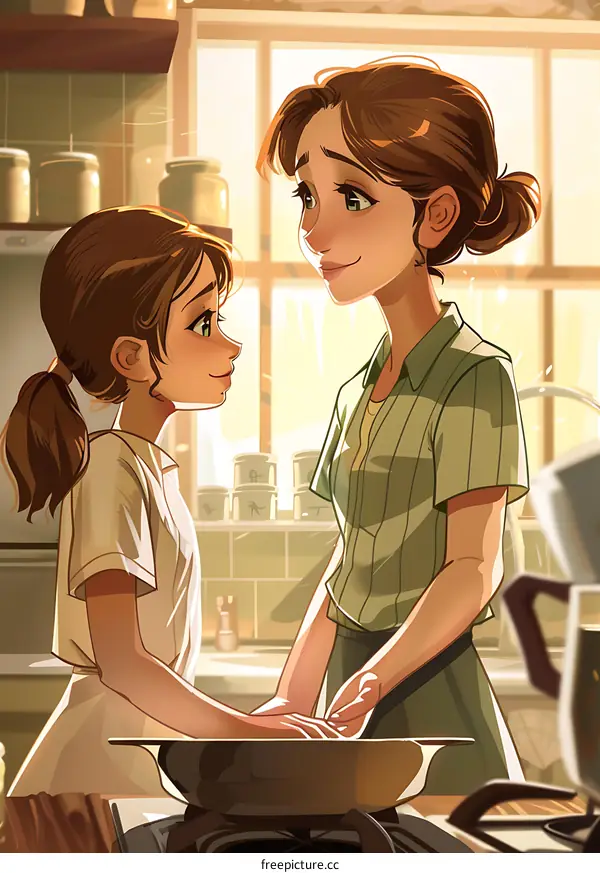 Mother and Daughter Cooking Together in the Kitchen Illustration