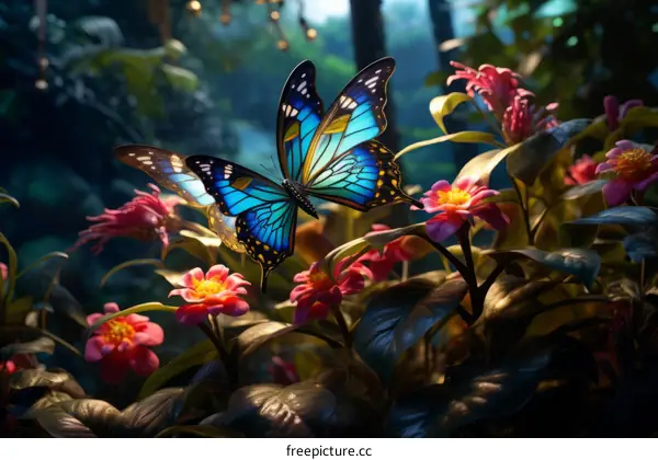 Blue Morpho Butterfly in a Garden