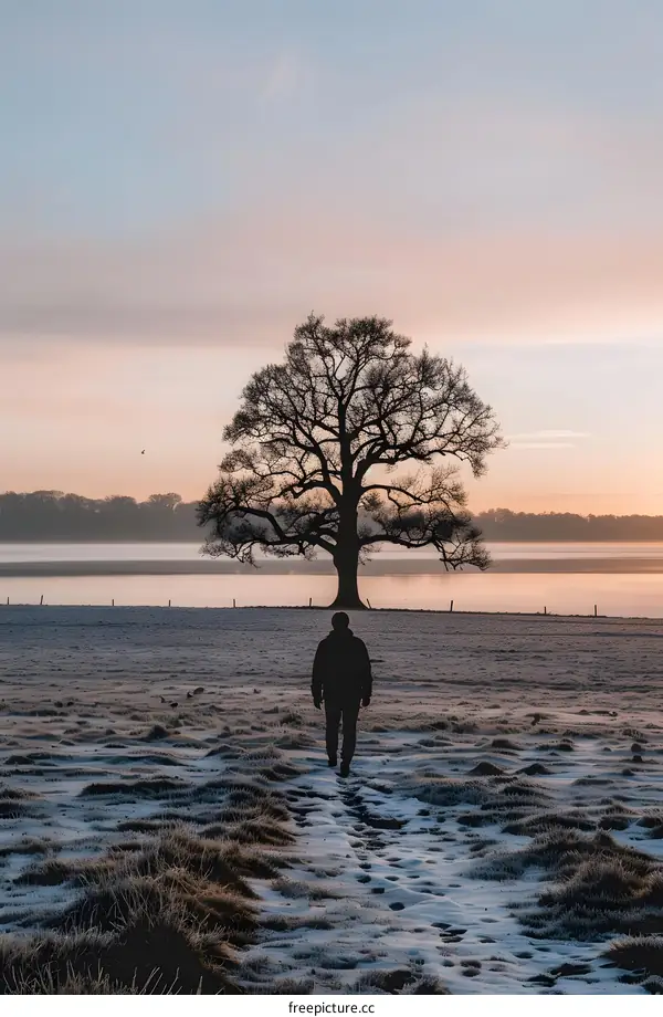 Silhouette of Man Walking Toward Tree at Sunrise