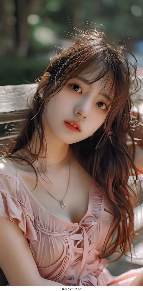 Beautiful Asian Woman With Long Brown Hair Posing