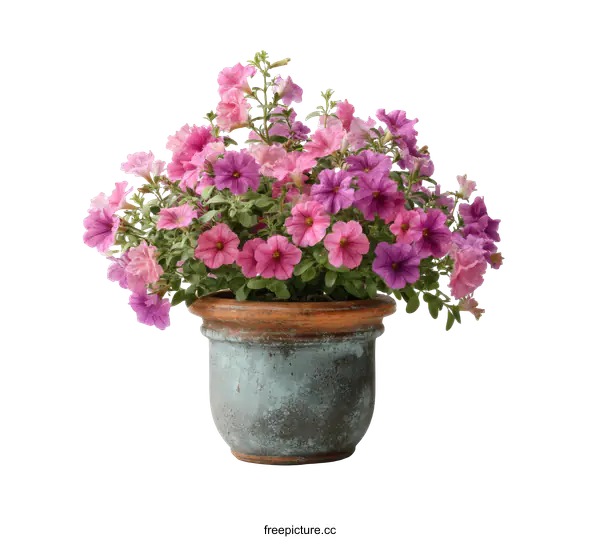 [Transparent Background PNG]Pink and Purple Petunias in a Terracotta Pot
