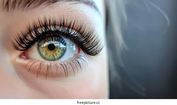 Close-up of a woman's green eye with long black false eyelashes