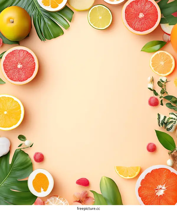 Fresh Tropical Fruits and Leaves on Pink Background