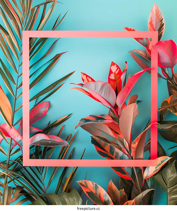 Tropical Leaves Background With Pink Frame