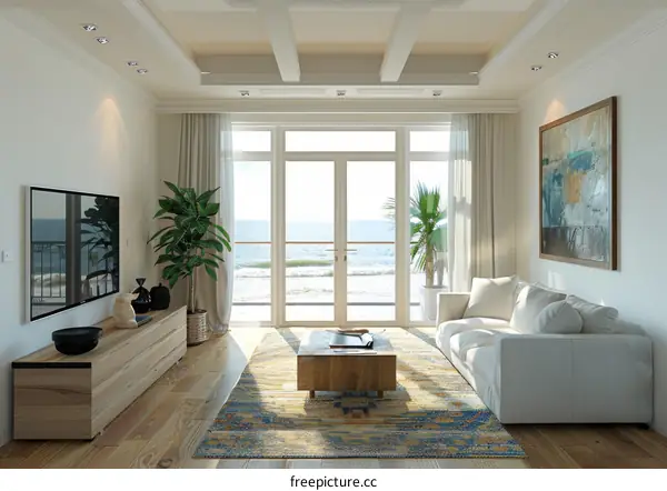 Modern Living Room Interior with Ocean View