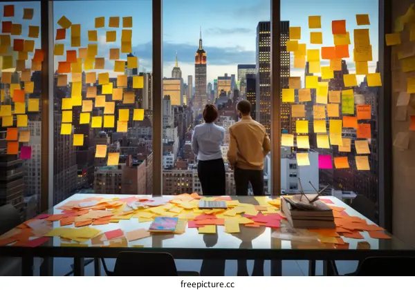 A man and a woman looking out at the city skyline from an office window
