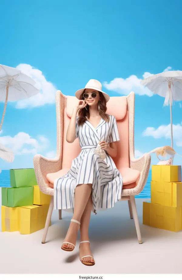 Young woman in a summer dress and hat relaxing on a beach chair
