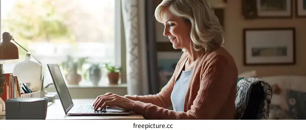 Smiling Woman Working on Laptop at Home