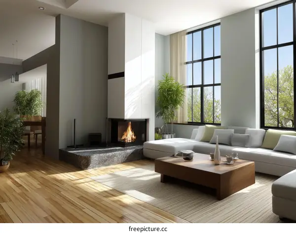 Modern Living Room with Fireplace and Large Windows