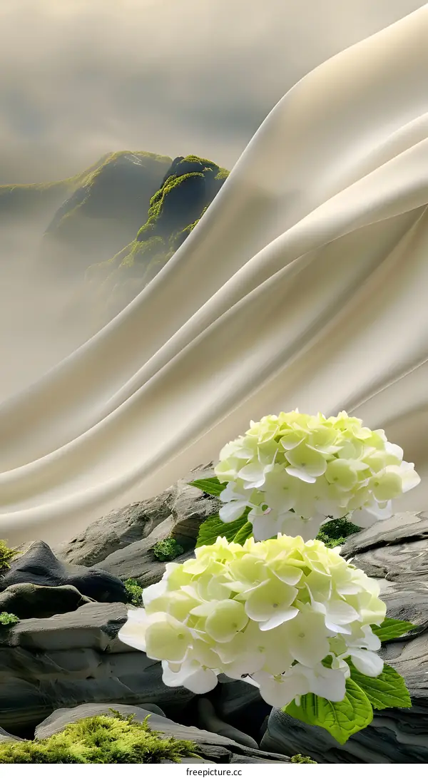 White Hydrangea Flowers on a Mountain Landscape