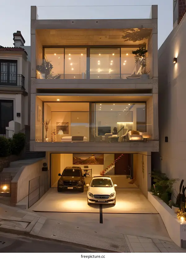 Modern Concrete House With Garage and Balcony