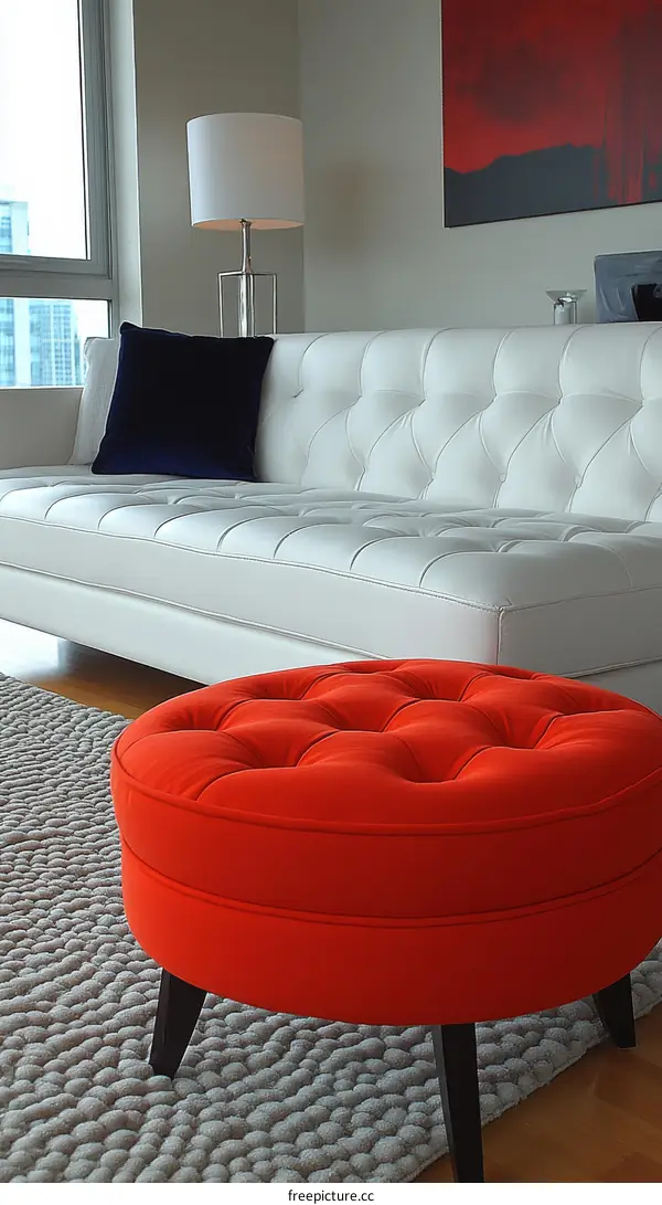 Modern Living Room with White Sofa and Red Ottoman