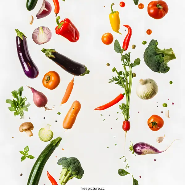 Fresh Vegetables Falling Down In The Air With White Background