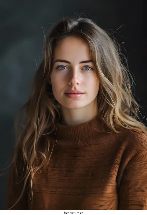 Portrait of a Young Woman with Blue Eyes and Long Blonde Hair