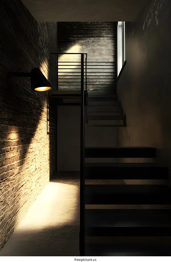 Interior Design of a Modern Staircase with Brick Wall and Light