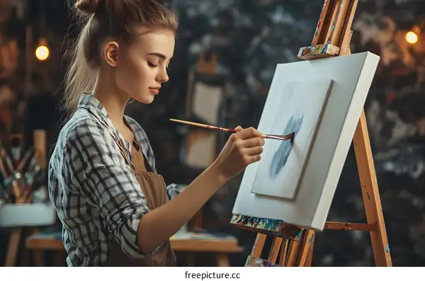 Woman Artist Painting on Canvas in Studio