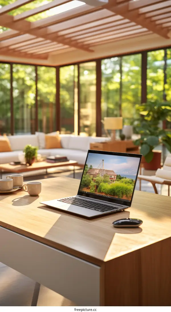 An open concept home office with a large desk, comfortable seating, and plenty of natural light