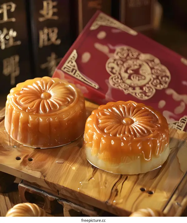 Traditional Chinese Mooncakes On Wooden Tray