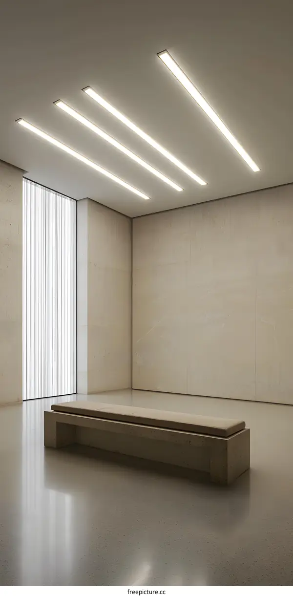 Minimalist Interior Design with Long Bench and White Ceiling Lights