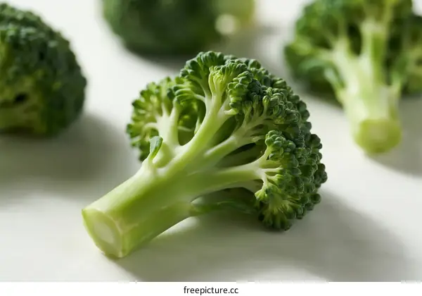 Fresh green broccoli florets on white background